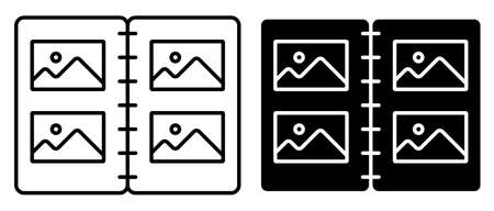 Linear icon. Album with home seed photographs. Collection of memorable photographs in album. Simple black and white vector on white backgroundのイラスト素材