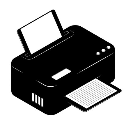 Monochrome inkjet printer. Printing documents in office using copiers. Black and white vector isolated on white backgroundのイラスト素材