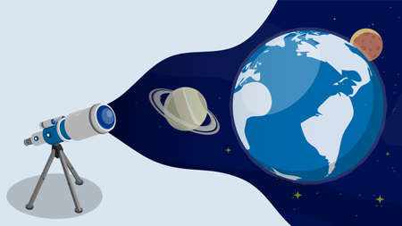Telescope is watching Satellites on orbit around planet Earth in space. Satellite communication and...
