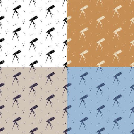 set of seamless patterns with Telescope on tripod for observing space, stars and planets of solar system. Ornament for decoration and printing on fabric. Design element. Vectorのイラスト素材