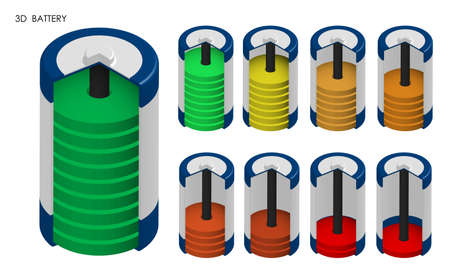 Isometric battery with charge level. Energy storage in energy efficient recyclable battery. Realistic 3D vector isolated on white backgroundのイラスト素材