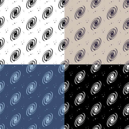 set of seamless patterns with schematic spiral galaxy. Exploration of space and star clusters. Ornament for decoration and printing on fabric. Design element. Vectorのイラスト素材