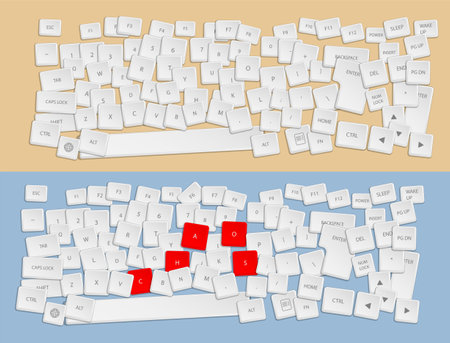 Realistic white keys of broken computer keyboard are sprinkled on table. Chaos and confusion in workplace. Vector for any color of backgroundのイラスト素材
