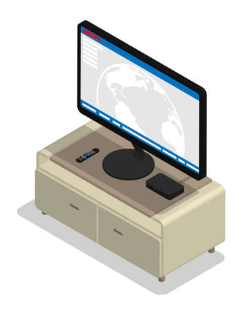 Isometric flat screen TV with satellite box control on wooden stand. Smart TV and home theater viewing at home. Realistic 3D vector isolated on white backgroundのイラスト素材