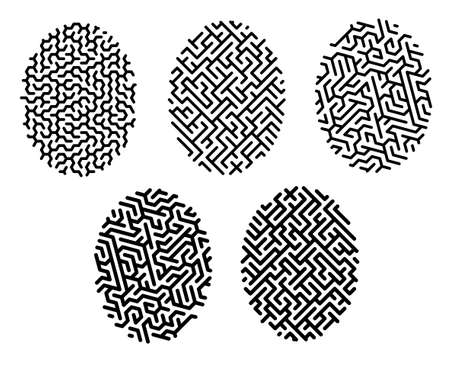 Linear icon. Set of fingerprint mazes with unique cells. Fingerprint biometric identification. Simple black and white vector isolated on white backgroundのイラスト素材