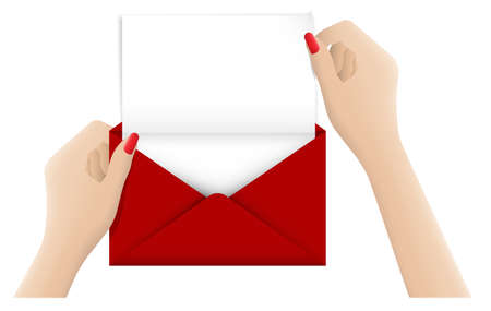 Realistic female hands holding red festive envelope with blank white sheet of paper inside. Greeting cards and letters for New Year, Christmas and Valentines Day. Realistic vectorのイラスト素材