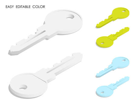 Isometric metal key from of front door lock for residential building. Round handle key. Realistic 3D vector isolated on white backgroundのイラスト素材