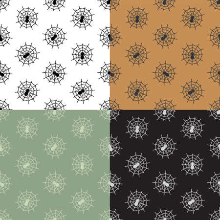 set of seamless patterns with Spider web with spider in center. Design element for Halloween. Ornament for decoration and printing on fabric. Design element. Vectorのイラスト素材