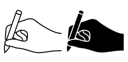 Linear icon. Ballpoint pen in hand of author. Signature on paper from writer or artist. Simple black and white vector isolated on white backgroundのイラスト素材