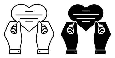 Linear icon. Hands hold heart shaped greeting card for holiday on Valentine Day. Simple black and white vector isolated on white backgroundのイラスト素材