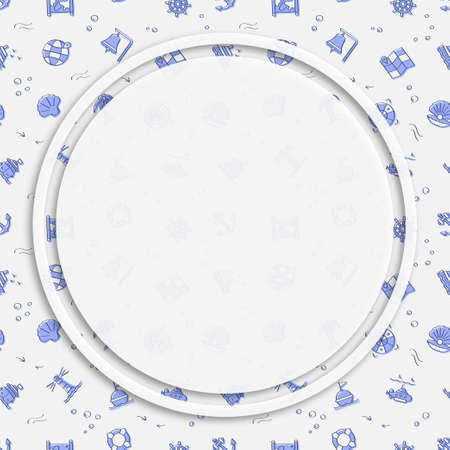 Circle frame, background on seamless pattern with doodle linear icons. Submarine, lifebuoy, buoy on waves, compass, map. Social media posting backのイラスト素材