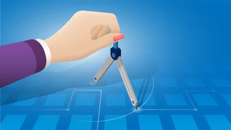 Concept. Drawing compass, divider for sketching In hand of engineer or designer. Realistic vectorのイラスト素材