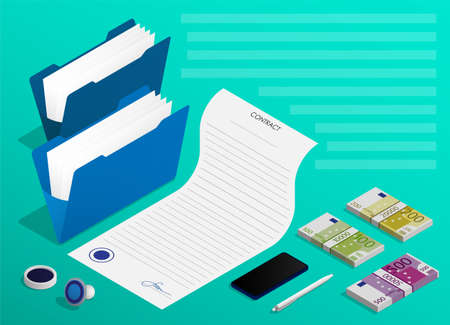 Isometric Concept. Signing of business contract, long term agreement. Conclusion of transactions and certification of documents by signature and seal. Realistic Vectorのイラスト素材
