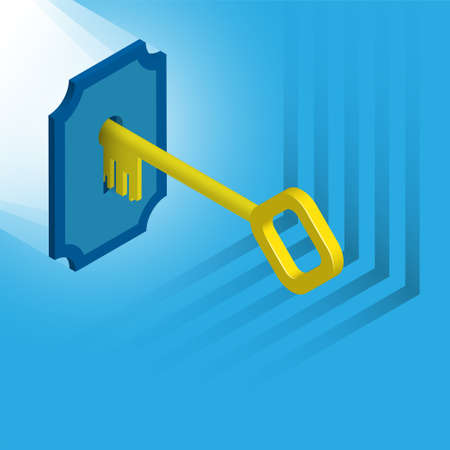 Isometric golden key enters keyhole. Key opens access to data on digital device. Realistic 3D vectorのイラスト素材