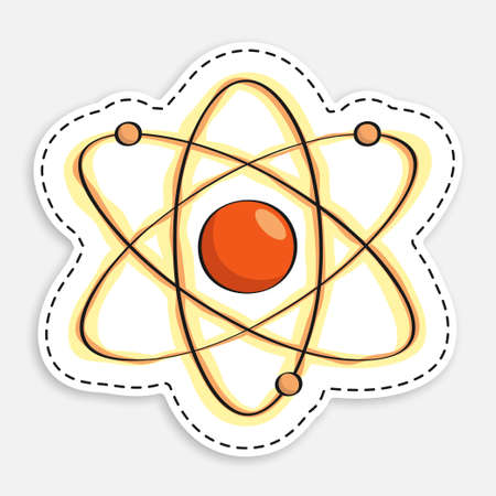 cartoon icon of doodle Atom. Electrons revolve around proton in orbits. School education in physics. Nuclear power. Vector isolated on white backgroundのイラスト素材