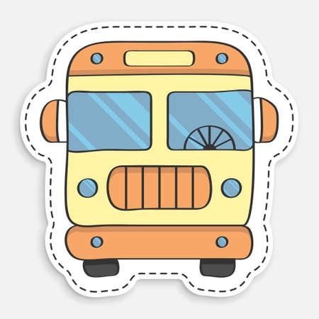 cartoon icon of doodle American school bus. Transport for transporting children of passengers. Vector isolated on white backgroundのイラスト素材