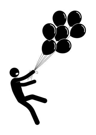 stick man, person with Garland of balloons is carried by strong wind, he cannot stay on his feet. Simple black and white vector isolated on white backgroundのイラスト素材
