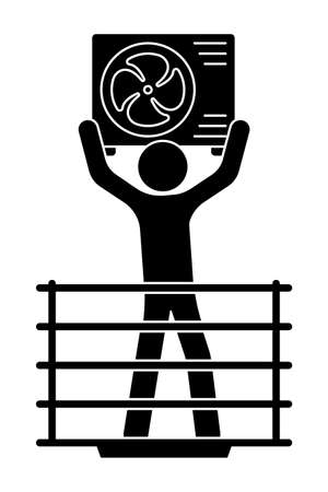 Stick figure, worker, installer of conditioning and air filtration systems, installs external unit. Maintenance of equipment. Simple black and white vector isolated on white backgroundのイラスト素材