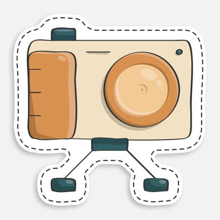cartoon icon of doodle camera on stand, equipment for photography and selfie. World Photography Day August 19th. Vector isolated on white backgroundのイラスト素材