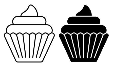 Linear icon. Dessert basket with cream. Sweet muffin with whipped cream. Simple black and white vector isolated on white backgroundのイラスト素材