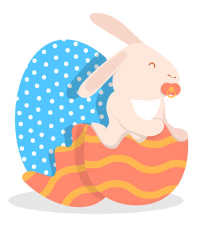Cheerful little rabbit, hare sits in half of an eggshell. Symbol of Easter holiday and year 2023 in Chinese calendar. Childrens vector illustrationのイラスト素材