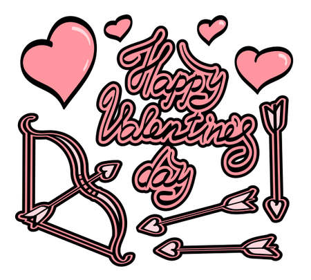 Happy valentines day banner, greeting card and calligraphic inscription, cupid bow and arrows. Hand drawn lettering for holiday decoration. Vectorのイラスト素材