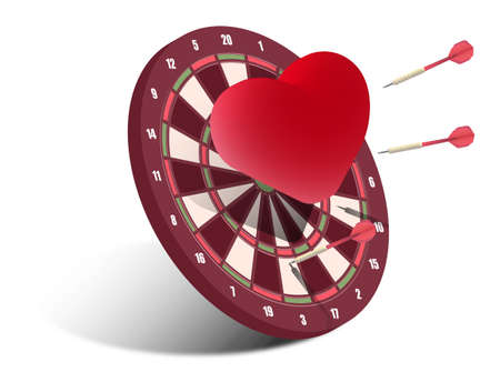 red dart arrows in center of heart target. Struggle for the sympathy and heart of partner. Realistic 3d vectorのイラスト素材