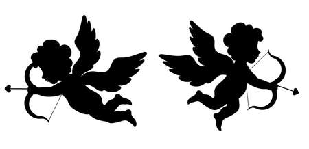 Silhouettes of mythological angel of love Cupid. Cupid, boy with angel wings, bow and arrows. Valentines day symbol. Vectorのイラスト素材