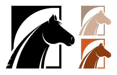 Silhouettes of horse head. Emblem of equestrian center for horse breeding. Simple black and white vector isolated on white backgroundのイラスト素材