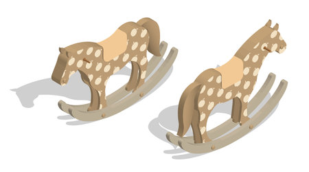 Isometric baby rocking horse. Wooden toy for children in kindergarten. Realistic 3D vector isolated on white backgroundのイラスト素材
