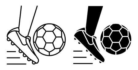 Linear icon. Foot in spiked sports boot hits soccer ball. Passing, hitting ball by player in command play on field or in training. Simple black and white vector isolated on white backgroundのイラスト素材