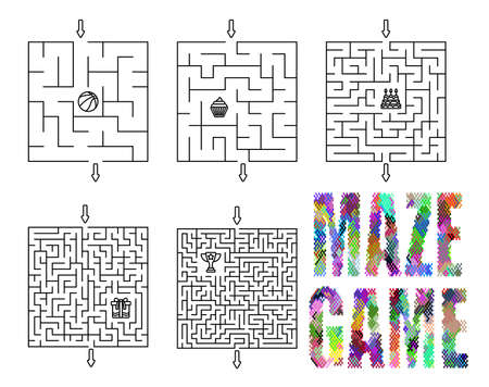 Children games. Set of square mazes, labyrinths with different difficulty levels and prizes inside. Puzzles and games for development of intelligence in child and an adult. Vectorのイラスト素材
