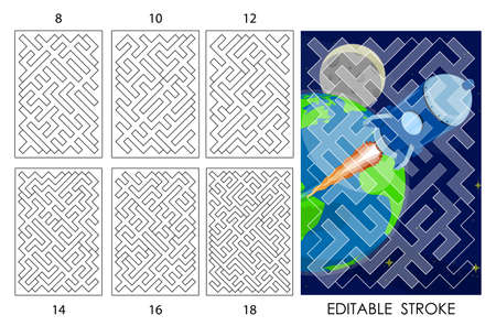 template of maze puzzle pieces of different difficulty levels for laser cutting. Editable stroke weight. Children educational games. Black and white vectorのイラスト素材
