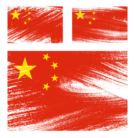 set of China flag chalk scratch paint grunge textures on white background. Texture of old poster back with China flag. Vectorのイラスト素材