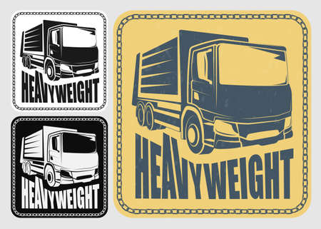 Old iron chain framed square sticker with heavy truck in retro style . Magazine cover, trucking brochure. industrial machinery and equipment. Vectorのイラスト素材