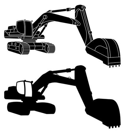 Silhouette of Heavy excavator machine for construction and earthworks in linear. industrial machinery and equipment. Isolated vector on whiteのイラスト素材
