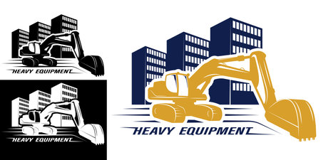 Heavy excavator machine for earthworks against back of new multi storey buildings. Emblem for construction equipment rental company. Isolated vector on whiteのイラスト素材