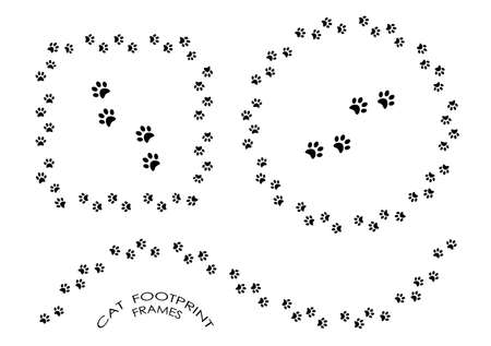 pads of cat paws frames. Animal paw prints on ground. Simple black and white vector isolated on white backgroundのイラスト素材
