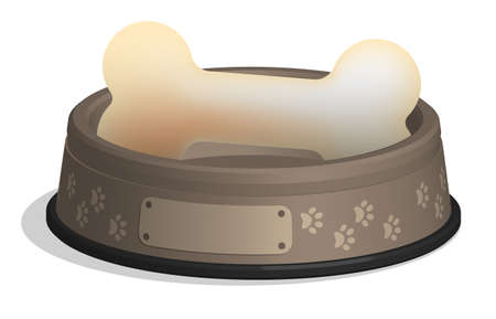 Personalized bowl with big tasty bone for your favorite dog, puppy. Pet food and treats. Realistic 3D vector isolated on white backgroundのイラスト素材