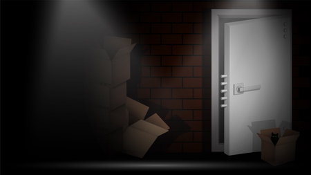 bright beam illuminates dark alley with secure steel door at the end. Way out of difficult crisis situation. Shelter from the inevitable problems. Crime on streets at night. realistic vectorのイラスト素材