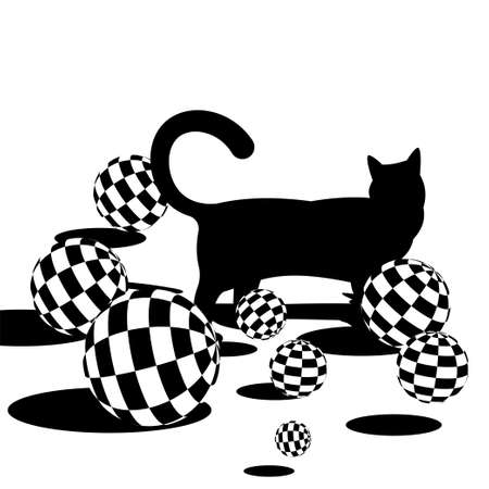 playful domestic black cat scattered balls around the room. Pets and pet care. minimalistic black and whiteのイラスト素材