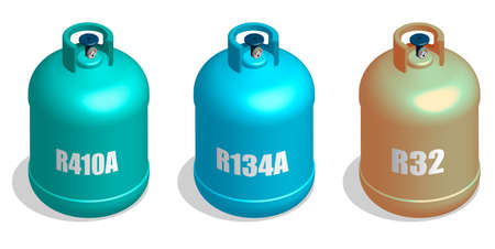 Refrigerant. Isometric Balon, container with coolant. Liquid nitrogen, freon. Filling air conditioners and refrigerators with refrigerant. Realistic 3D Vector isolated on white backgroundのイラスト素材