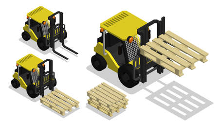Isometric Forklift to move goods around the warehouse. Transport for unloading and transporting heavy boxes. Realistic 3D vector isolated on white backgroundのイラスト素材