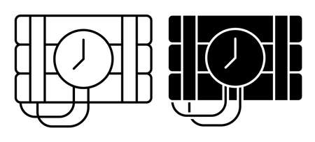 Linear icon of bunch of cylinders with dynamite. Timer on with clock on explosives. Simple black and white vector isolated on white backgroundのイラスト素材