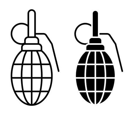 linear icon. Combat hand fragmentation ribbed grenade with cube. Explosive objects, soldier weapons. Simple black and white vector isolated on white backgroundのイラスト素材