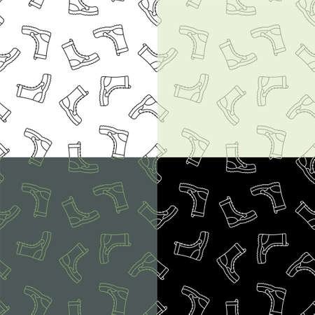 set of seamless patterns with soldier high boots with lace. Military and tourist protective uniforms. Ornament for decoration and printing on fabric. design element. Vectorのイラスト素材