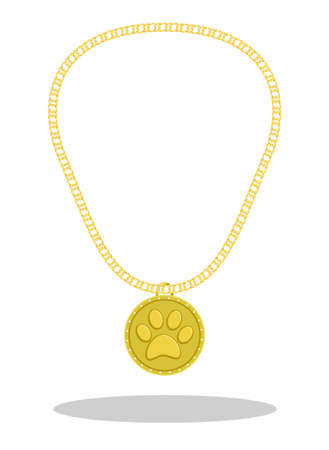 gold medal with diamonds and paw print for participation in animal competitions. Prize for winner of pet competition. Cartoon vector isolated on white backgroundのイラスト素材