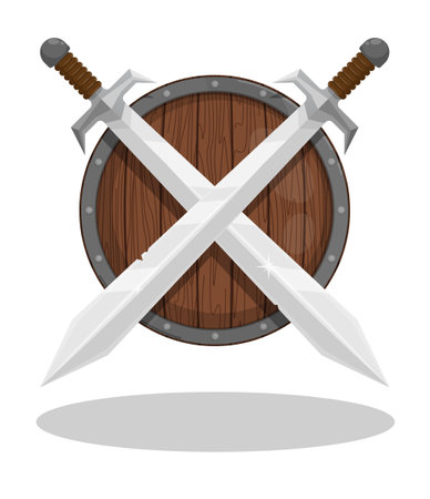 Pair of crossed knight swords against background of wooden Scandinavian shield. ancient viking weapon. cartoon vector isolated on white backgroundのイラスト素材