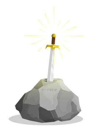 legendary sword Excalibur sticks out of stone. Test of King Arthur, search for worthy ruler of kingdom. Cartoon vector isolated on white backgroundのイラスト素材