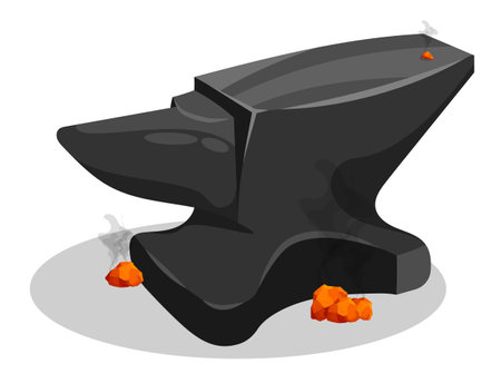 Heavy iron anvil in blacksmith shop. Blacksmith craft, production of metal products. Cartoon vector isolated on white backgroundのイラスト素材